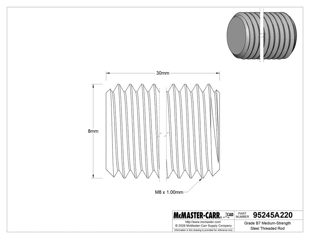 Technical Drawing of Grade B7 Medium-Strength Steel Threaded Rod, Fine-Thread, M8 x 1 mm Thread, 30 mm Long.